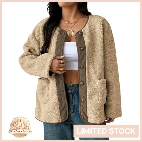 Faux Fur Sherpa Jacket Button Down Pockets Casual Winter Outerwear - Picture 2 of 8